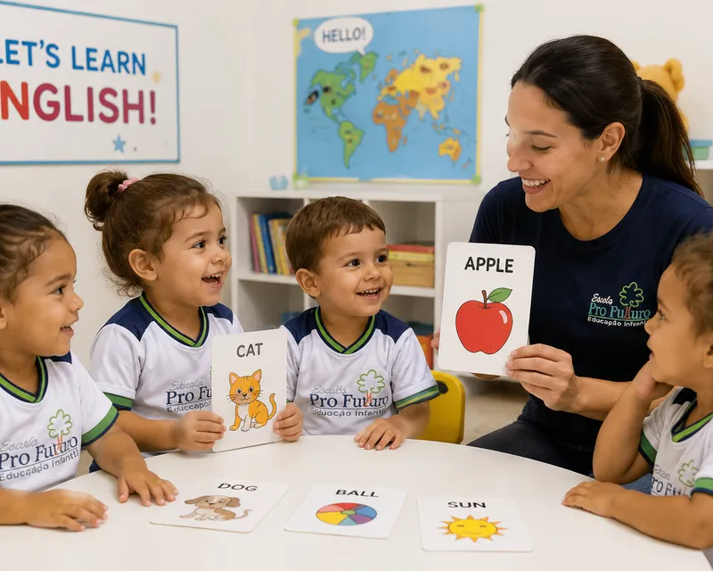 Crianças da Escola Pró Futuro sorrindo durante atividade de inglês com a professora
